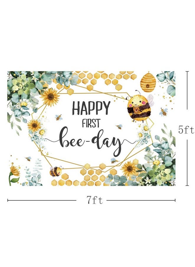 MEHOFOND - Happy First Beeday Backdrop Honey Bee One Birthday Party Background For Boy Girl Honeycomb Bumble Bee 1St Birthday Decorations Fun To Be One Cake Table Banner Photo Studio Props 7X5Ft - Image 1