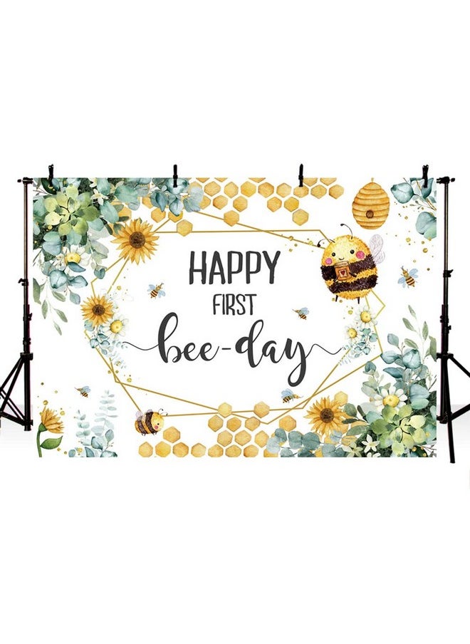 MEHOFOND - Happy First Beeday Backdrop Honey Bee One Birthday Party Background For Boy Girl Honeycomb Bumble Bee 1St Birthday Decorations Fun To Be One Cake Table Banner Photo Studio Props 7X5Ft - Image 1