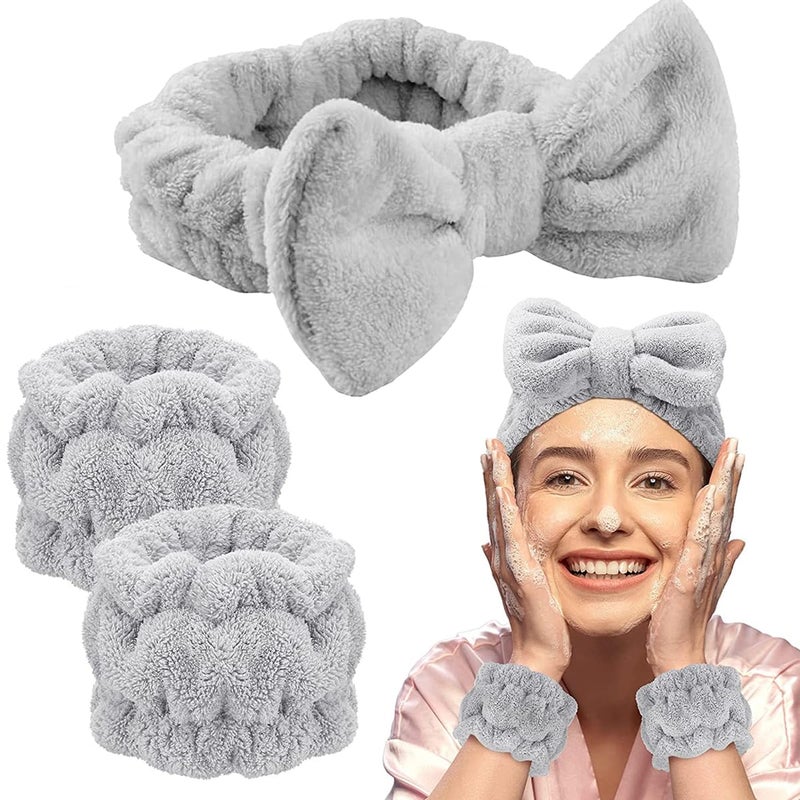 M'AYCREATE MAYCREATE® Spa Headband & Wristband Set for Washing Face,Soft Makeup Bowknot Headband for Women Girls,Super Absorbent Flannel Sweat Wrist Band Towel Face Wash Yoga Fitness (Grey) - Image 1