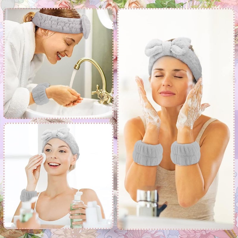 M'AYCREATE MAYCREATE® Spa Headband & Wristband Set for Washing Face,Soft Makeup Bowknot Headband for Women Girls,Super Absorbent Flannel Sweat Wrist Band Towel Face Wash Yoga Fitness (Grey) - Image 5