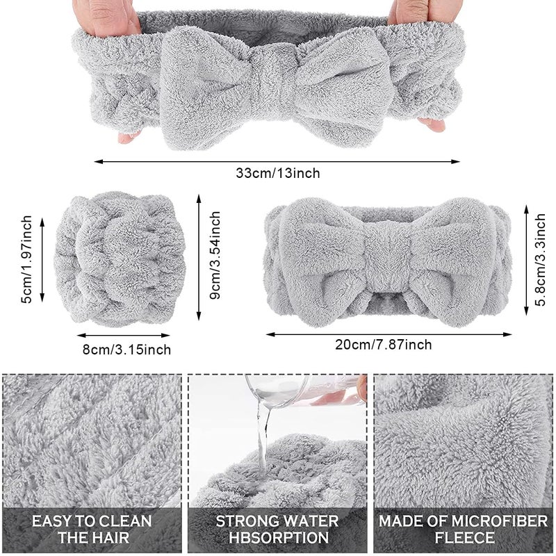 M'AYCREATE MAYCREATE® Spa Headband & Wristband Set for Washing Face,Soft Makeup Bowknot Headband for Women Girls,Super Absorbent Flannel Sweat Wrist Band Towel Face Wash Yoga Fitness (Grey) - Image 2
