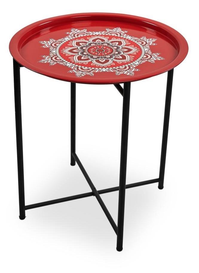 TTTP The Professionals Choice FOLDABLE METAL TABLE CONSISTS OF ROUND TRAY AND BLACK STAND FOR THE LIVING ROOM (DIAMETER 46CM, HEIGHT 51CM) RED GEOMETRIC PATTERN COLOR  - Image 1