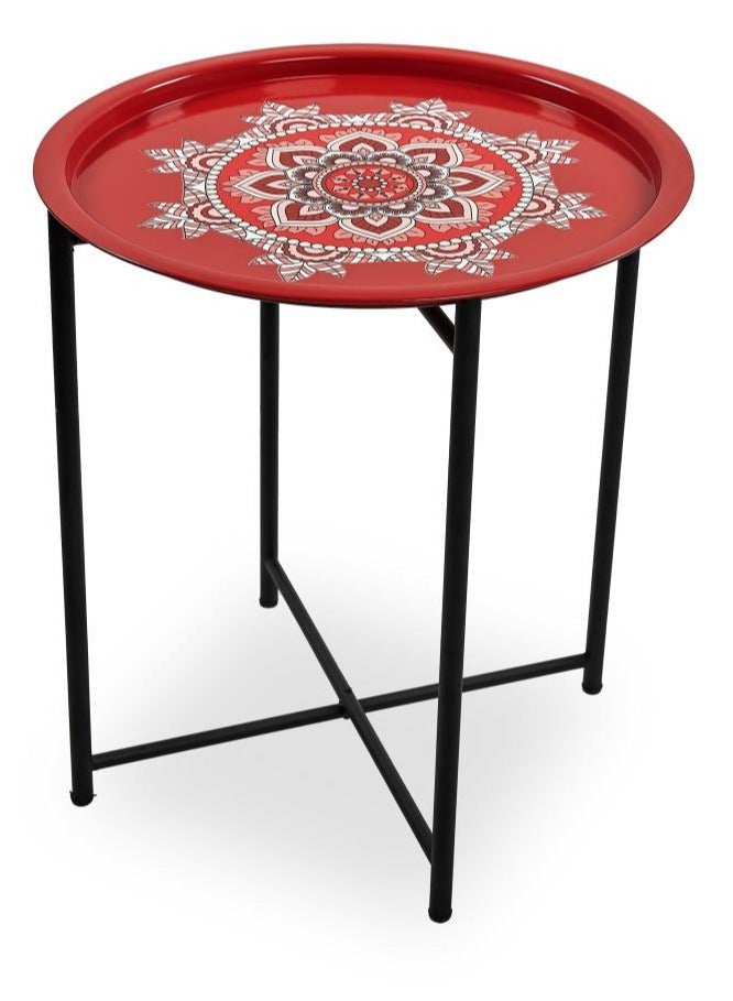 TTTP The Professionals Choice FOLDABLE METAL TABLE CONSISTS OF ROUND TRAY AND BLACK STAND FOR THE LIVING ROOM (DIAMETER 46CM, HEIGHT 51CM) RED GEOMETRIC PATTERN COLOR - Image 1