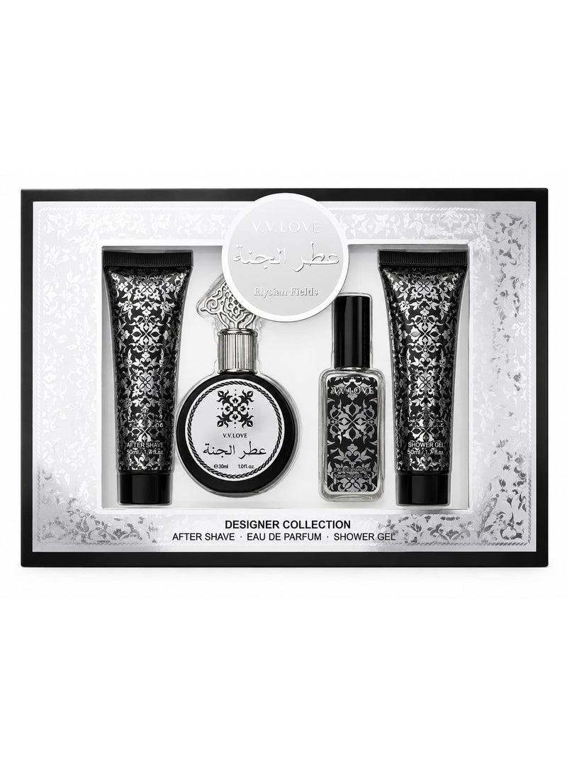 طقم هدايا عطر الجنة من في في لوف للرجال - 4 قطع (عطر، عطر صغير، جل استحمام، ولوشن ما بعد الحلاقة)