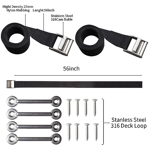 UCEDER 56" Battery Tie Down Strap Kit Battery Hold Down Strap with Stainless Steel 316 Cam Buckle, 4 Stainless Steel 316 Eye Strap Mounts, 8 SS Screws (2 Pack) - Image 2