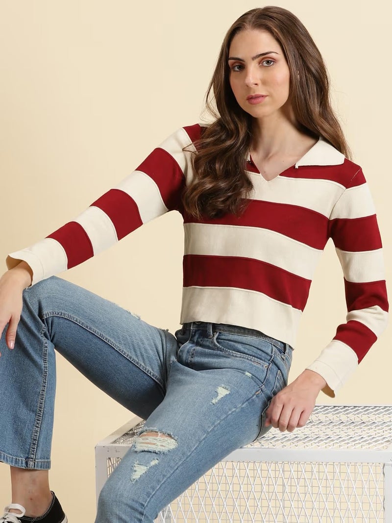 ICW Women's Knitted Ribbed Long Sleeve Color Block Horizontal Striped Polo Neck Collar Crop Top T-Shirt DN04 (in, Alpha, S, Regular, Maroon) - Image 5