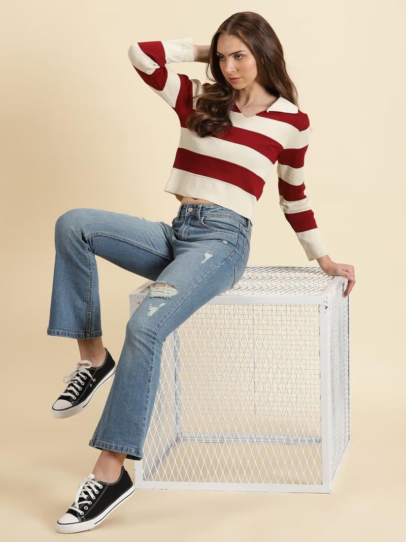 ICW Women's Knitted Ribbed Long Sleeve Color Block Horizontal Striped Polo Neck Collar Crop Top T-Shirt DN04 (in, Alpha, S, Regular, Maroon) - Image 2