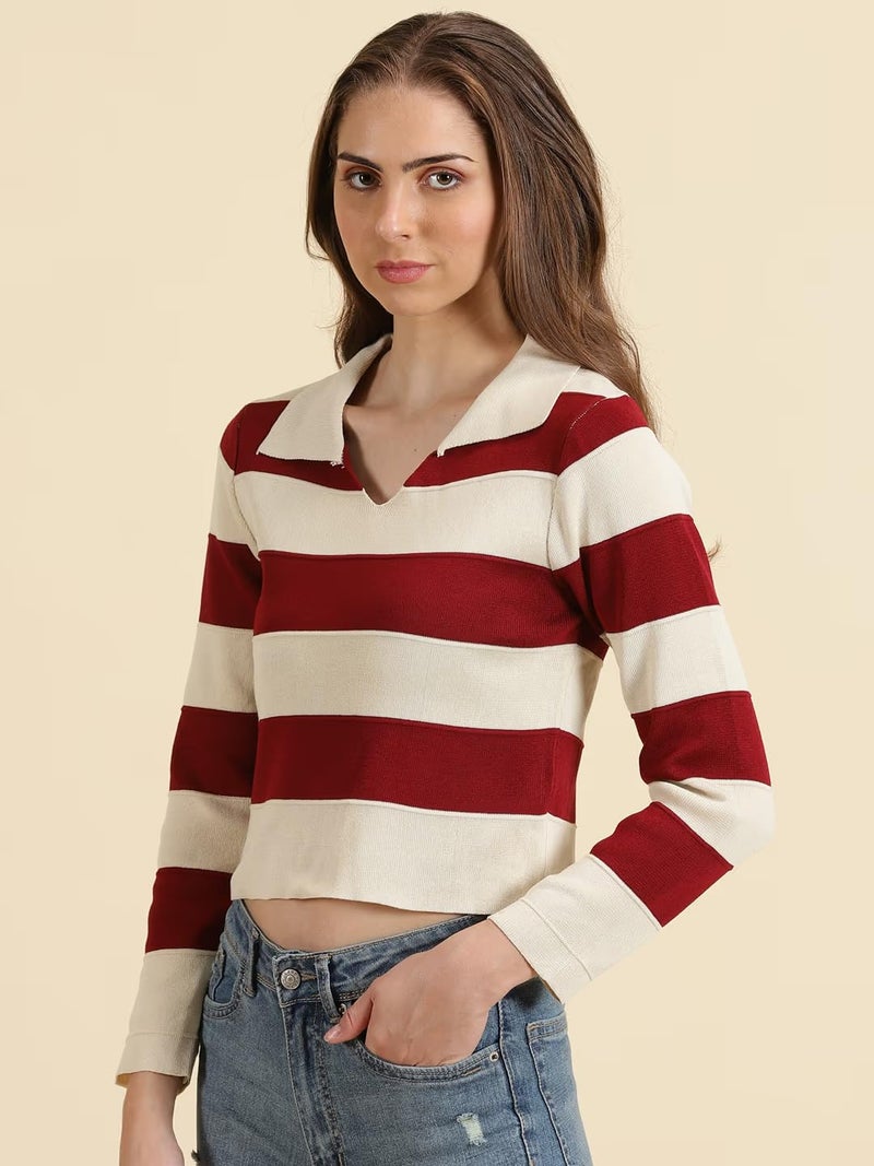 ICW Women's Knitted Ribbed Long Sleeve Color Block Horizontal Striped Polo Neck Collar Crop Top T-Shirt DN04 (in, Alpha, S, Regular, Maroon) - Image 4