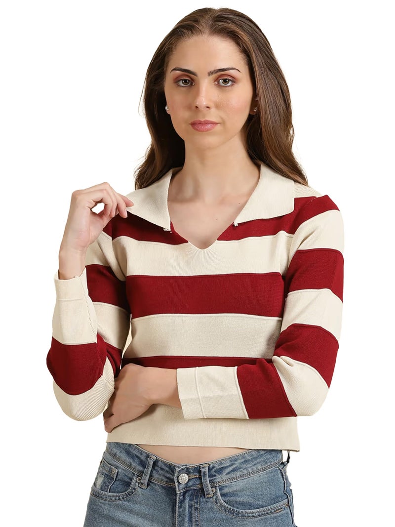 ICW Women's Knitted Ribbed Long Sleeve Color Block Horizontal Striped Polo Neck Collar Crop Top T-Shirt DN04 (in, Alpha, S, Regular, Maroon) - Image 1