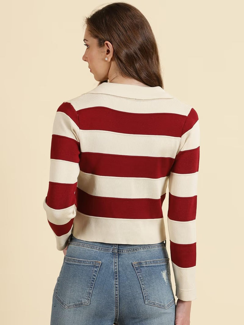 ICW Women's Knitted Ribbed Long Sleeve Color Block Horizontal Striped Polo Neck Collar Crop Top T-Shirt DN04 (in, Alpha, S, Regular, Maroon) - Image 3