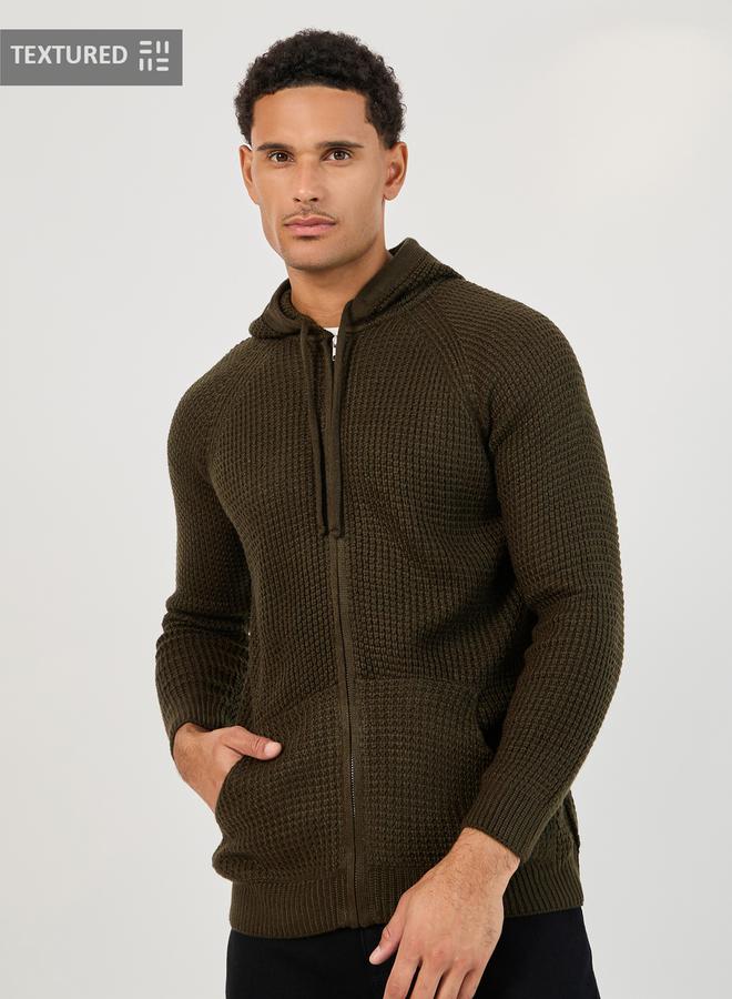Styli Zip Through Waffle Knit Hooded Sweater - Image 1