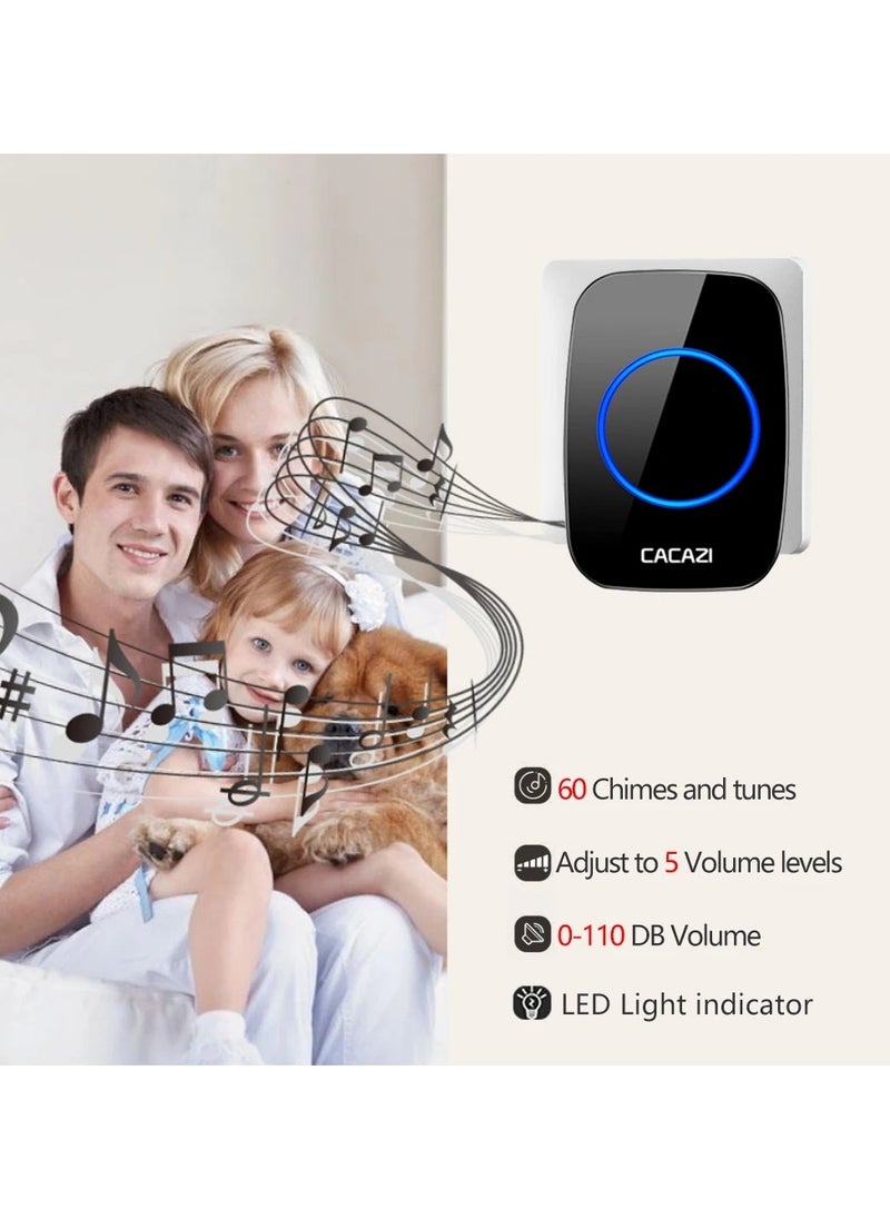 CACAZI - Wireless Doorbell, Plug-in Waterproof Doorbell, 2 Receivers and 1 Transmitter with LED Display, 3 Levels of Volume, 38 Melodies, Suitable for Home, Office, Hotel, Building, Dormitory - Image 1