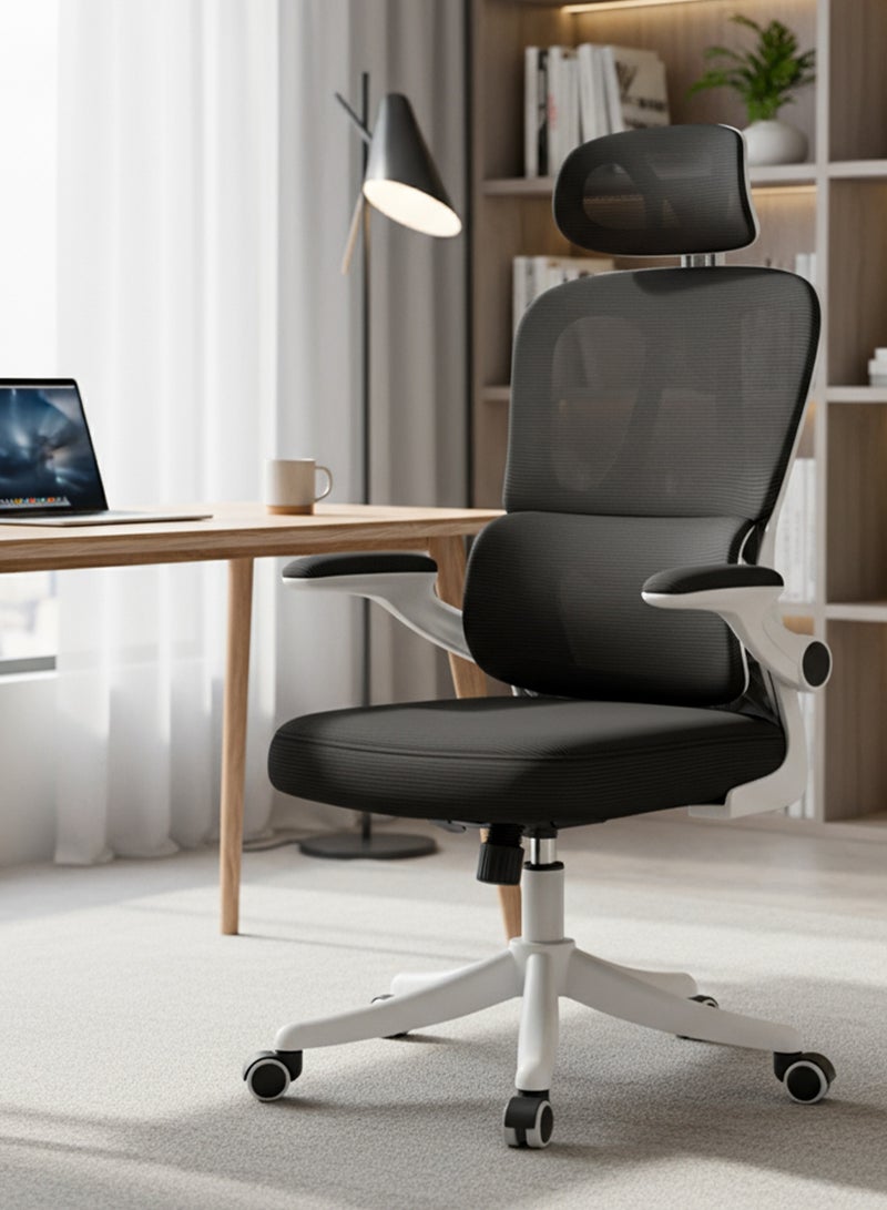 DROGO Premium Ergonomic Office Chair for Work from Home, High Back Computer Chair with Breathable Mesh, Flip-up Armrest, Adjustable Headrest, Recline, Adjustable Seat & Lumbar Support | Mesh Chair for Office Black White - Image 1