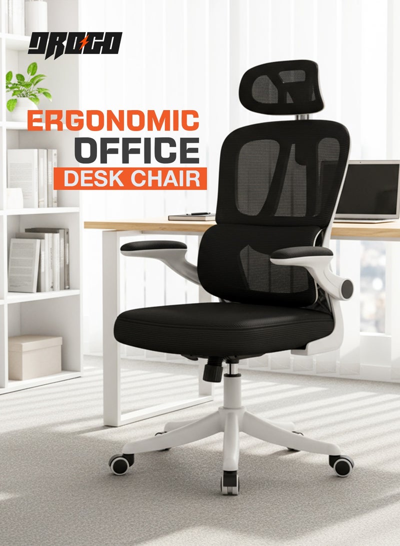 DROGO Premium Ergonomic Office Chair for Work from Home, High Back Computer Chair with Breathable Mesh, Flip-up Armrest, Adjustable Headrest, Recline, Adjustable Seat & Lumbar Support | Mesh Chair for Office Black White - Image 2