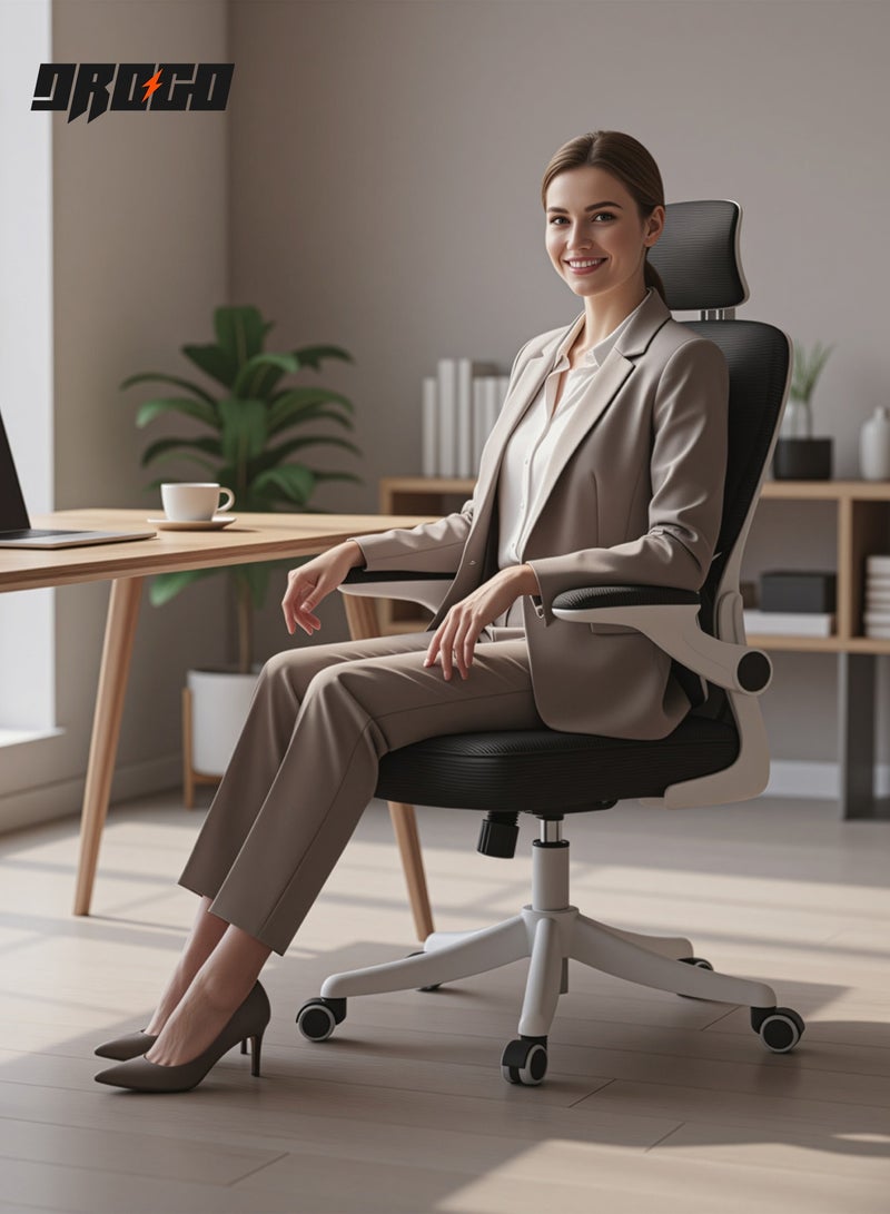 DROGO Premium Ergonomic Office Chair for Work from Home, High Back Computer Chair with Breathable Mesh, Flip-up Armrest, Adjustable Headrest, Recline, Adjustable Seat & Lumbar Support | Mesh Chair for Office Black White - Image 3