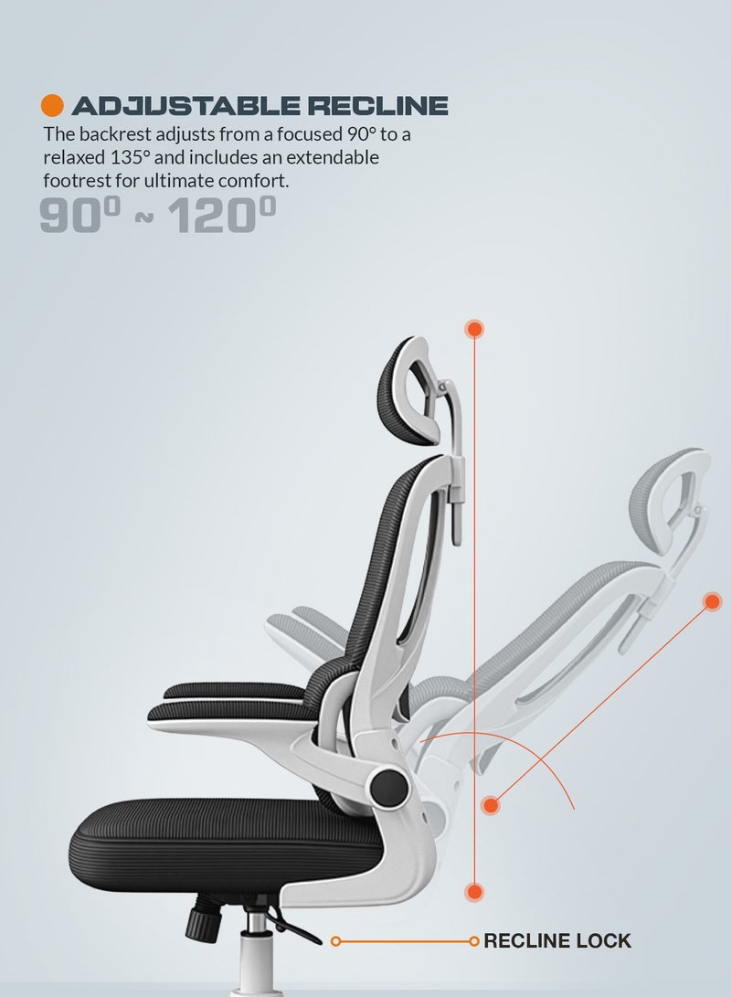 DROGO Premium Ergonomic Office Chair for Work from Home, High Back Computer Chair with Breathable Mesh, Flip-up Armrest, Adjustable Headrest, Recline, Adjustable Seat & Lumbar Support | Mesh Chair for Office Black White - Image 4