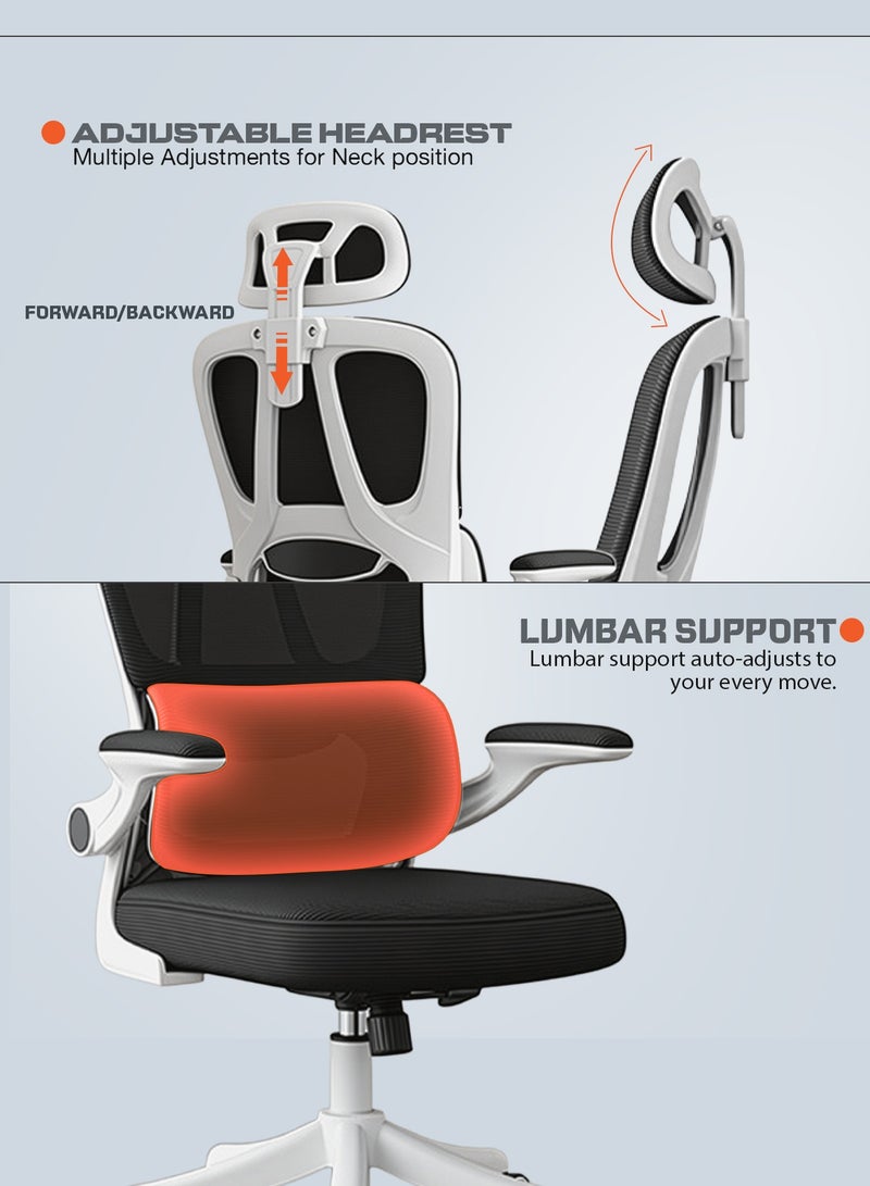 DROGO Premium Ergonomic Office Chair for Work from Home, High Back Computer Chair with Breathable Mesh, Flip-up Armrest, Adjustable Headrest, Recline, Adjustable Seat & Lumbar Support | Mesh Chair for Office Black White - Image 5