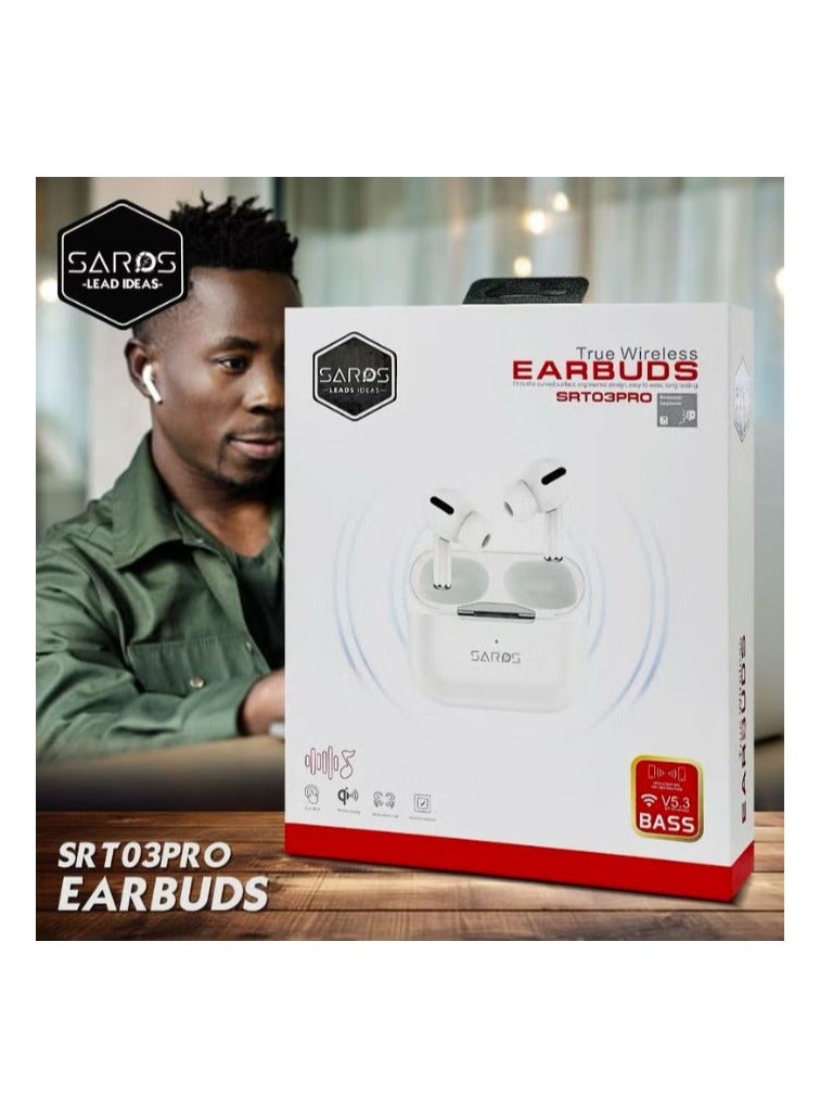 SAROS سماعات أذن لاسلكية TWS، سماعة بلوتوث 5.3، اتصال سريع، صوت HiFi، عمر بطارية طويل، أبيض - SRT03PRO - Image 2