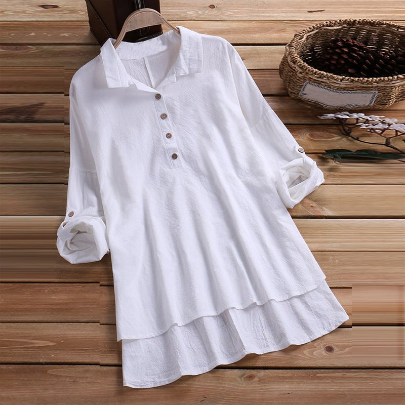 Women's Two-in-One Layered Retro Shirt with Turn-Down Collar - Image 3