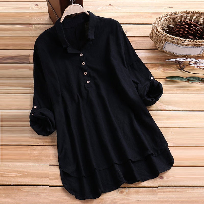 Women's Two-in-One Layered Retro Shirt with Turn-Down Collar - Image 4