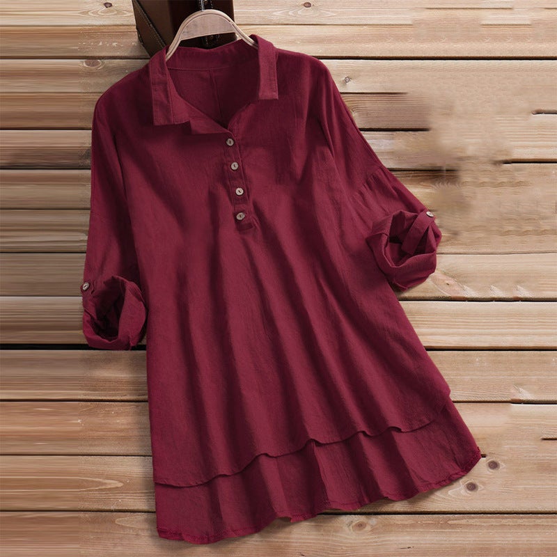 Women's Two-in-One Layered Retro Shirt with Turn-Down Collar - Image 1