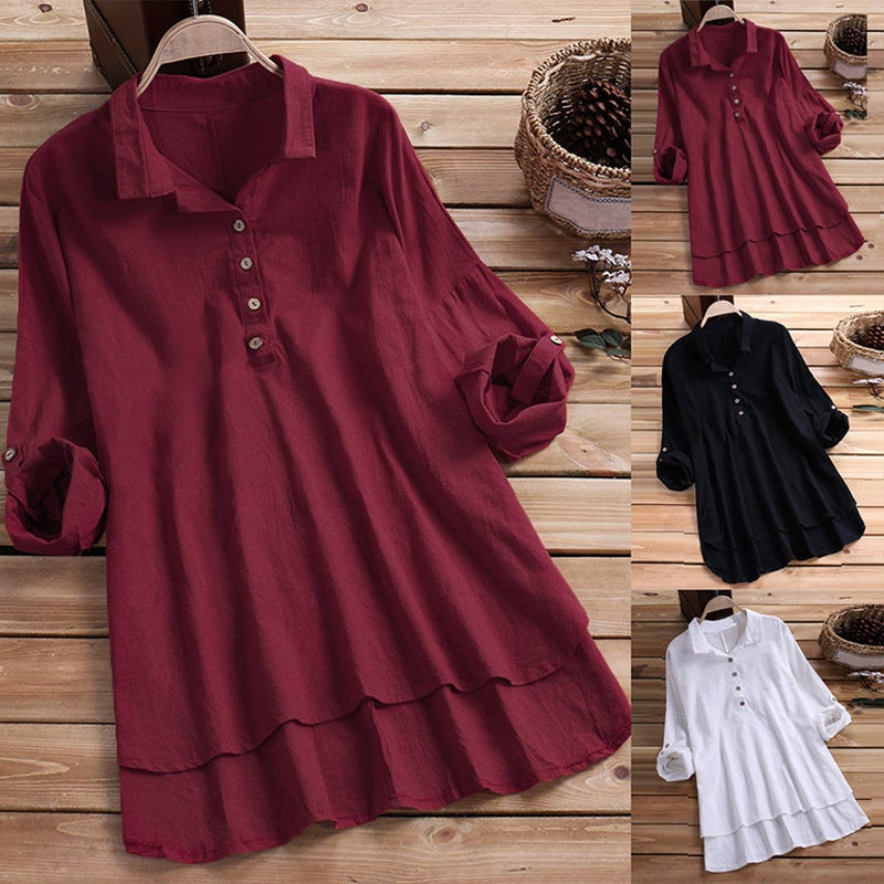Women's Two-in-One Layered Retro Shirt with Turn-Down Collar - Image 2