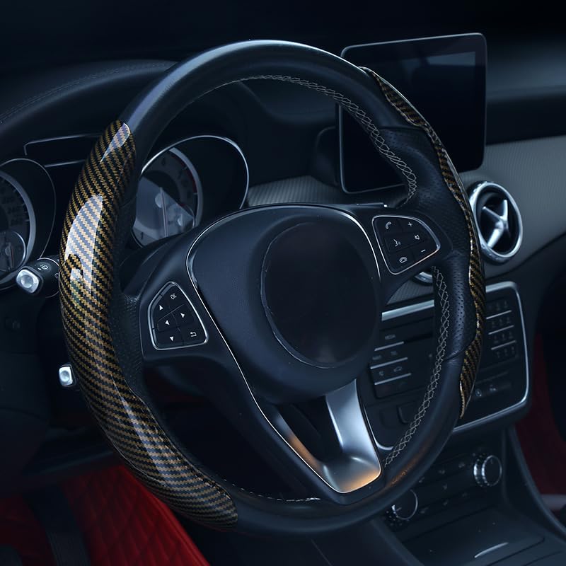 JVCV® 2 Pcs Universal Fit High Gloss Carbon Fiber Texture Segmented Car Steering Wheel Cover Hard Car Wheel Grip Non Slip Cover Protector Interior Accessory (Gold) - Image 2