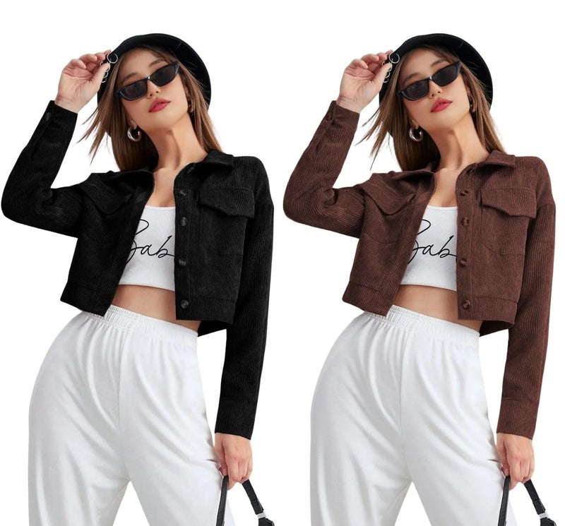 SMOWKLY Women’s Cotton Blend Cropped Jacket with Two Pockets| Casual Button Down Shirt | Stylish Lightweight Outerwear for Women’s | Long Sleeve Jacket for Regular Wear(1684-BRN-M/1684-BK-M) - Image 1