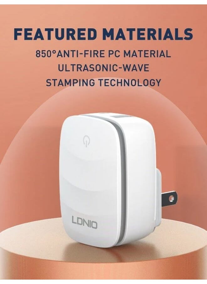 LDNIO - A2425C High Quality EU Plug Fast Charger Dual Port (Type-C & USB) 20W With Type-C To Type-C Charging Cable - White - Image 1