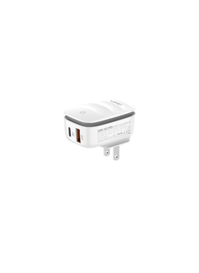 LDNIO - A2425C High Quality EU Plug Fast Charger Dual Port (Type-C & USB) 20W With Type-C To Type-C Charging Cable - White - Image 1
