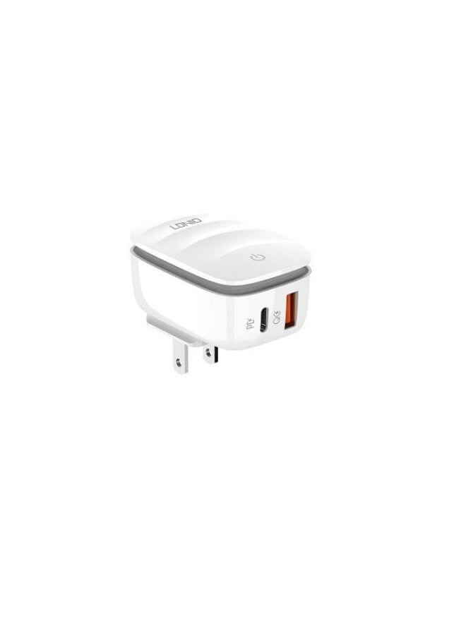 LDNIO - A2425C High Quality EU Plug Fast Charger Dual Port (Type-C & USB) 20W With Type-C To Type-C Charging Cable - White - Image 1