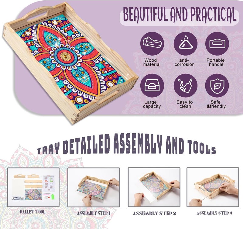 EWJRNSF Diamond Art Kits for Adults Wooden Serving Trays with Handles, 5D Diamond Painting Big Gem Arts and Craft Gifts Trays Decor Gift Home Decor Mandala02 New - Image 3