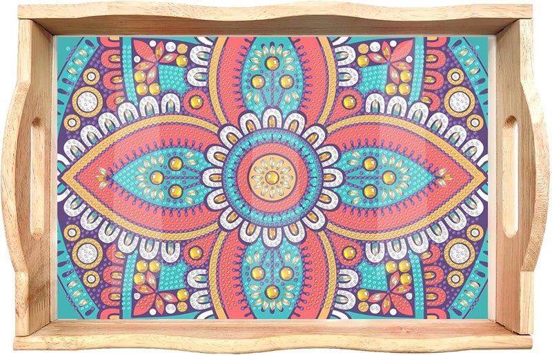 EWJRNSF Diamond Art Kits for Adults Wooden Serving Trays with Handles, 5D Diamond Painting Big Gem Arts and Craft Gifts Trays Decor Gift Home Decor Mandala02 New - Image 1