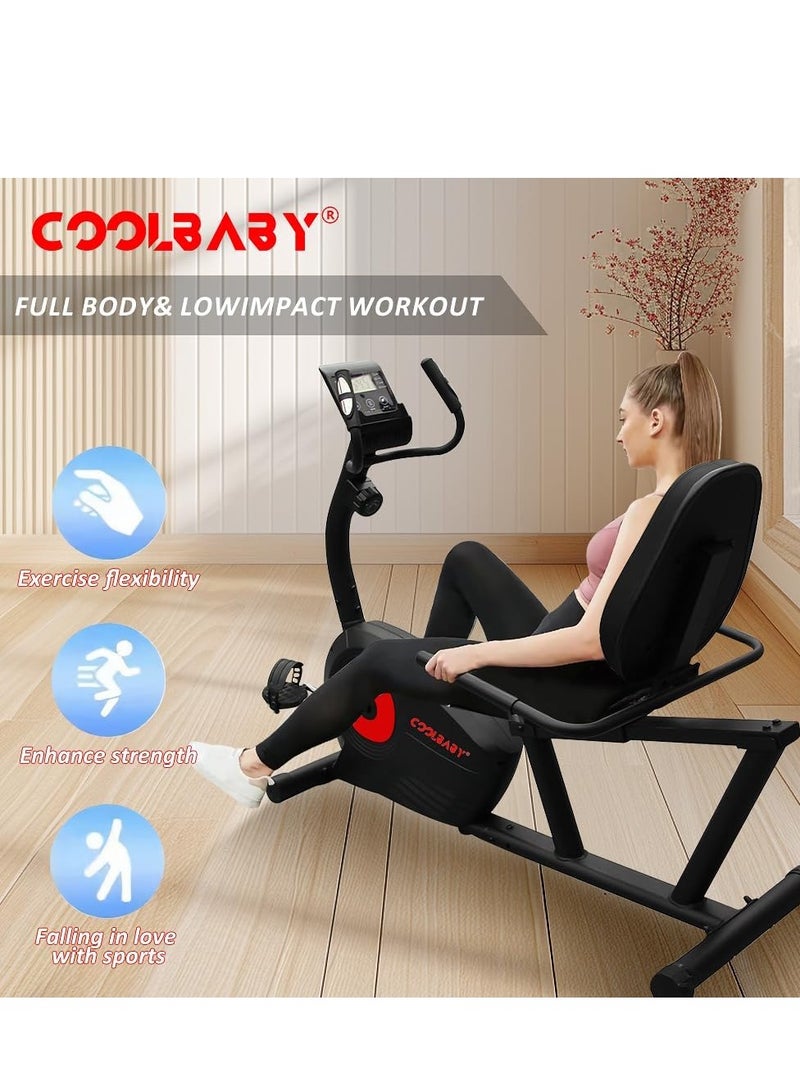 Cool Baby Style COOLBABY Exercise Bikes Stationary Indoor Recumbent Bikes with Backrest,Magnetic Stationary Bike for Home Office, 8 Levels Resistance, Max Weight 110 KG  - Image 2