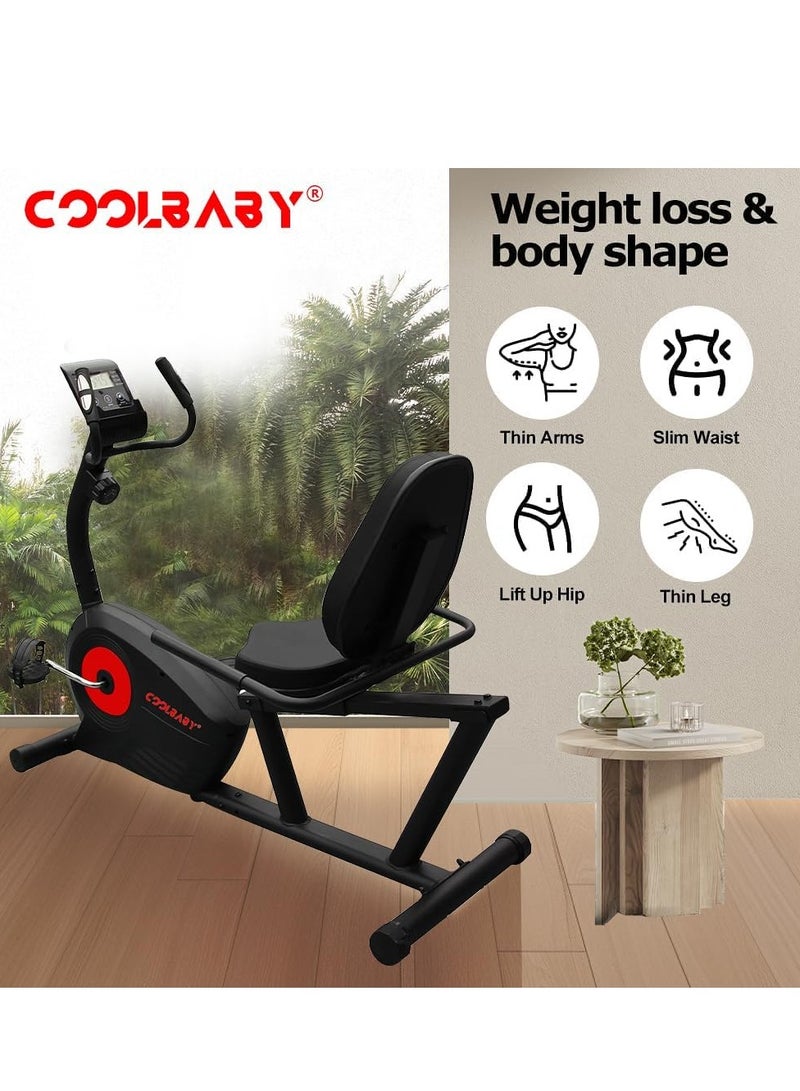 Cool Baby Style COOLBABY Exercise Bikes Stationary Indoor Recumbent Bikes with Backrest,Magnetic Stationary Bike for Home Office, 8 Levels Resistance, Max Weight 110 KG  - Image 3