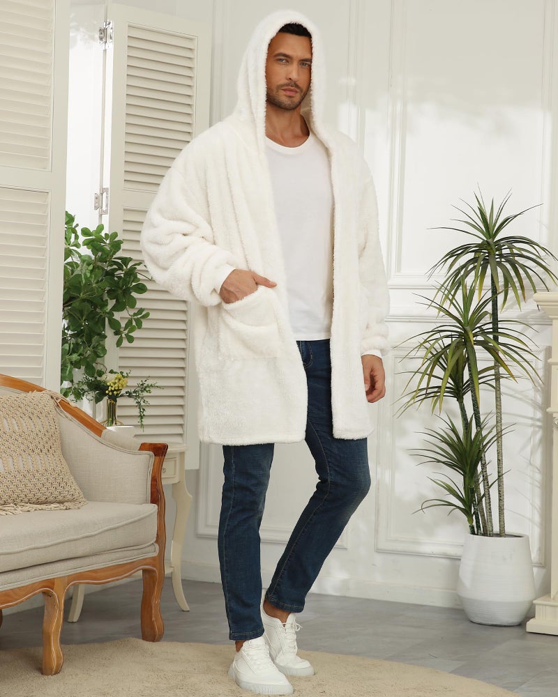 Argstar White Fleece Cardigan for Women and Men, Oversized hoodies Long Sleeve Open Front Jacket with Pockets - Image 2