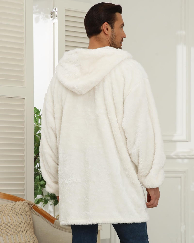 Argstar White Fleece Cardigan for Women and Men, Oversized hoodies Long Sleeve Open Front Jacket with Pockets - Image 3