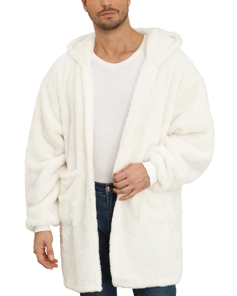 Argstar White Fleece Cardigan for Women and Men, Oversized hoodies Long Sleeve Open Front Jacket with Pockets - Image 1