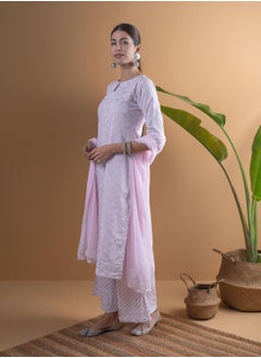 Libas Printed Straight Kurta with Palazzo and Chiffon Solid Dupatta Set by Styli  - Image 2