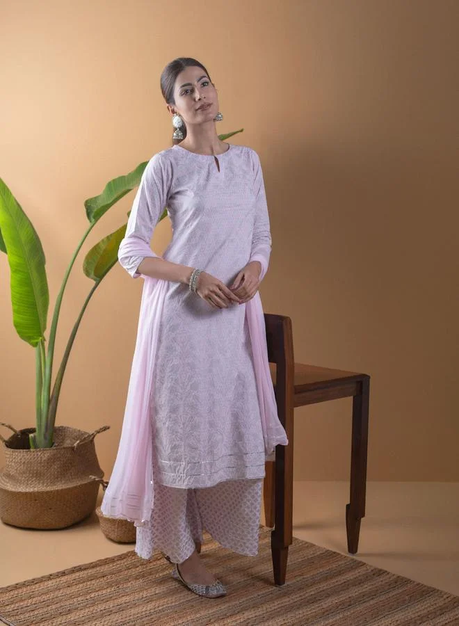 Libas Printed Straight Kurta with Palazzo and Chiffon Solid Dupatta Set by Styli