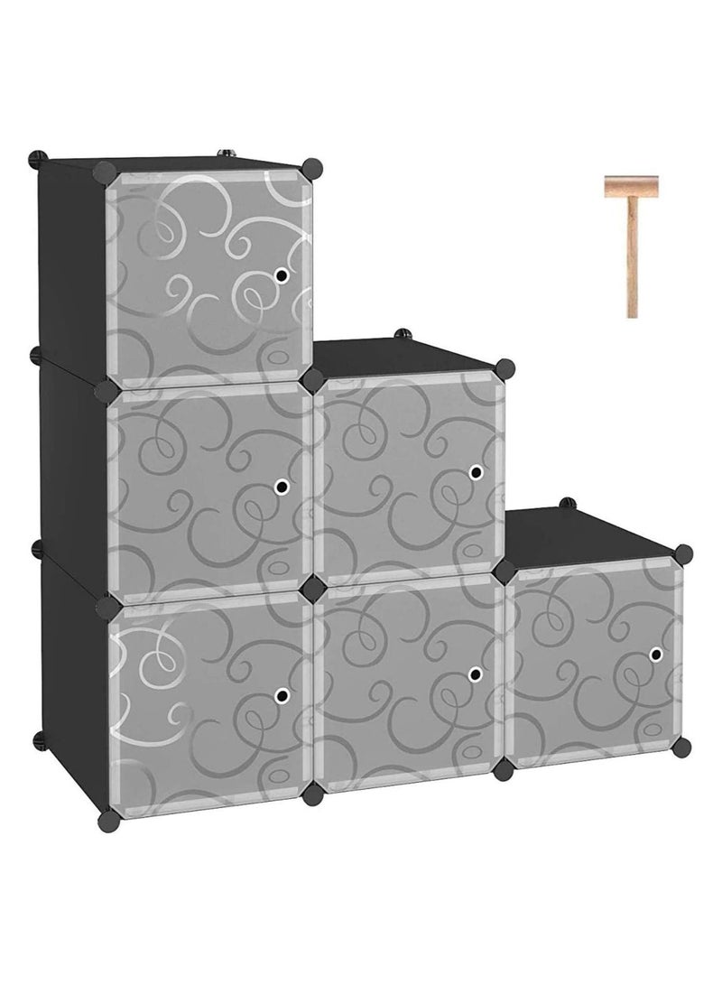 DubaiGallery 6-Cube DIY Shoe Rack, Storage Drawer Unit Multi Use Modular Organizer Plastic Cabinet with Doors, Black and White Curly Pattern  - Image 1