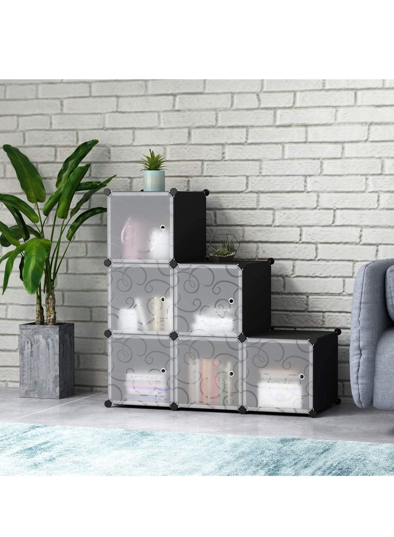 DubaiGallery 6-Cube DIY Shoe Rack, Storage Drawer Unit Multi Use Modular Organizer Plastic Cabinet with Doors, Black and White Curly Pattern  - Image 2