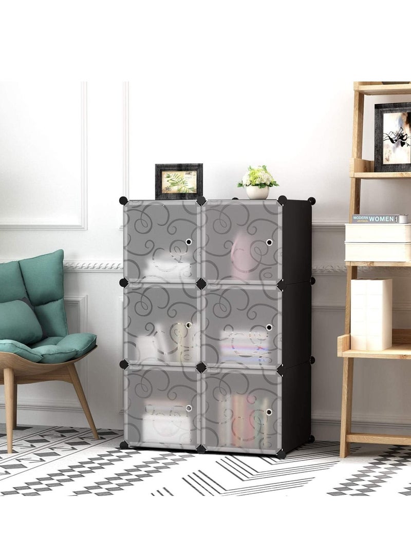 DubaiGallery 6-Cube DIY Shoe Rack, Storage Drawer Unit Multi Use Modular Organizer Plastic Cabinet with Doors, Black and White Curly Pattern  - Image 3