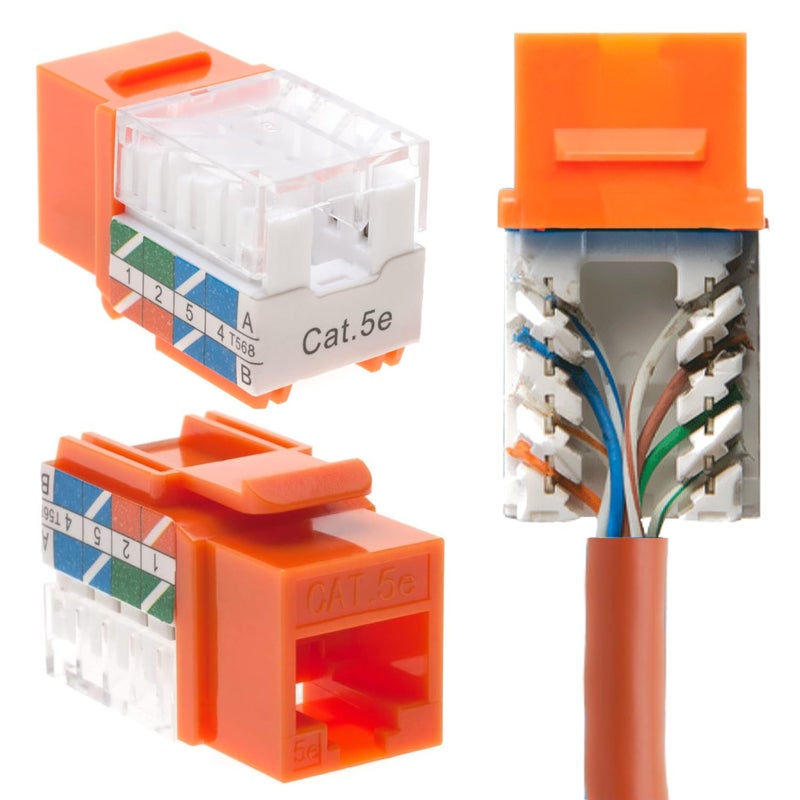 SATMAXIMUM Cat5e Keystone Ethernet Wall Jack Punch Down UTP 45-Degree (Easier Termination Than 90-Degree), RJ45 Slim Profile Speed Termination Orange 45° Angled (10 Pack) - Image 1