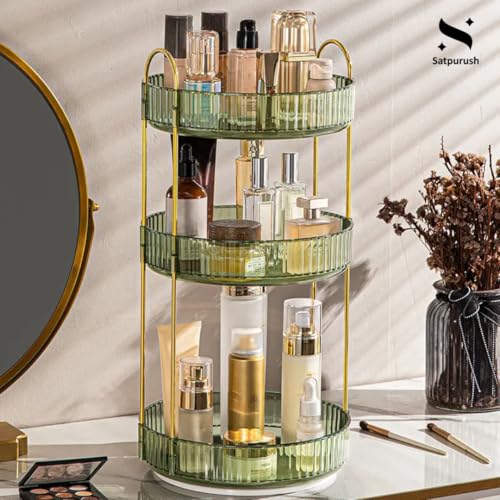 Satpurush 360° Rotating Makeup Organizer Box - Cosmetic Storage with Drawers, Plastic Makeup Holder Stand for Dressing Table, Lipsticks, Nail Polishes & Accessories (3 Layer, Gem Green) - Image 2