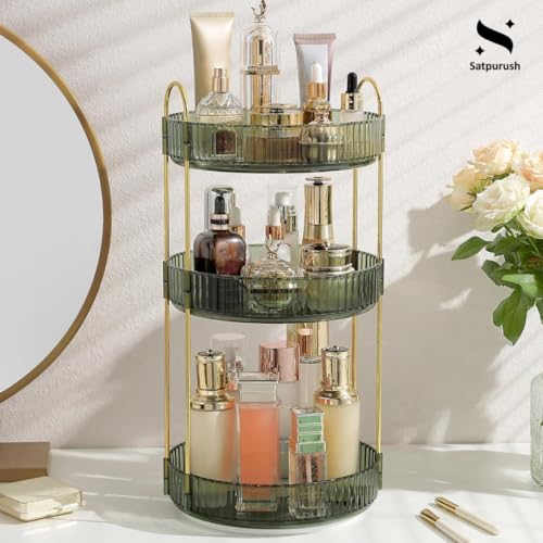 Satpurush 360° Rotating Makeup Organizer Box - Cosmetic Storage with Drawers, Plastic Makeup Holder Stand for Dressing Table, Lipsticks, Nail Polishes & Accessories (3 Layer, Gem Green) - Image 3