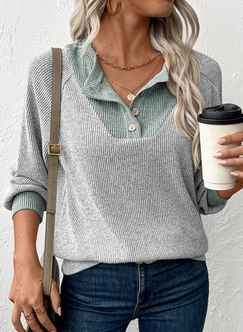 EVALESS Womens Spring Fashion 2026 Long Sleeve Shirts Patchwork Button Up V Neck Sweatshirt for Women Casual Trendy Pullover Teacher Outfits Tops Light Grey Small - Image 5