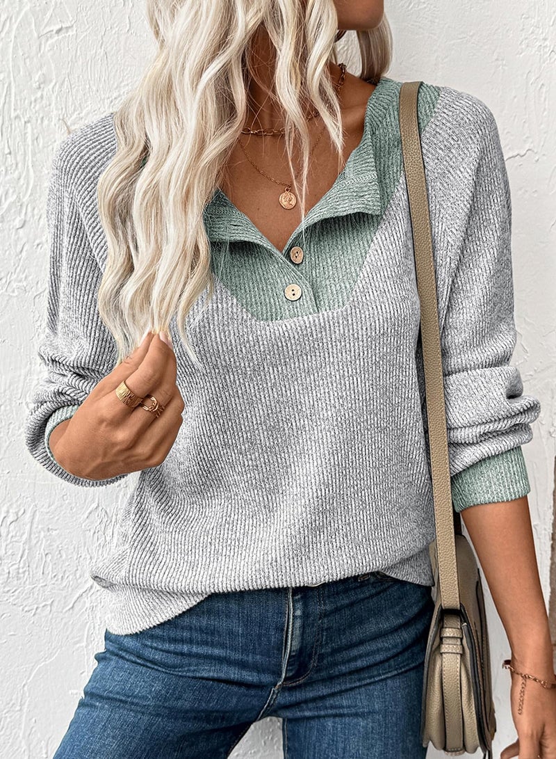 EVALESS Womens Spring Fashion 2026 Long Sleeve Shirts Patchwork Button Up V Neck Sweatshirt for Women Casual Trendy Pullover Teacher Outfits Tops Light Grey Small - Image 4