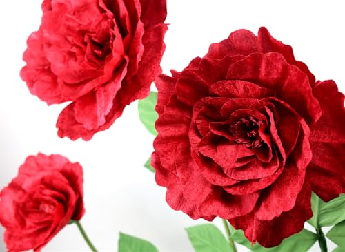 Moorone Set of 3 - Giant Red Velvet Rose Large Handcrafted Artificial Flower Props for Wedding, Home, Party, Event, Backdrop Decoration for Anniversary Birthday Valentine's Day (Red - Rose Heads Only) - Image 2