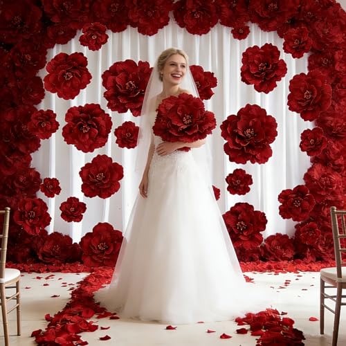 Moorone Set of 3 - Giant Red Velvet Rose Large Handcrafted Artificial Flower Props for Wedding, Home, Party, Event, Backdrop Decoration for Anniversary Birthday Valentine's Day (Red - Rose Heads Only) - Image 4